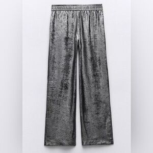 NWT Zara Wide Leg Silver Metallic Pull On Pants